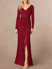 abordables Longueur du plancher-Sirène / Trompette Robe de Mère de Mariée  robe demoiselle d honneur Élégant Col en V Longueur au sol Chiffon manche longue avec Volants Devant Fendu Fronces 2025