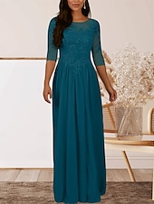 baratos Comprimento do chão-Vestido para Mãe da Noiva em A Convidada de Casamento Elegante Decote Redondo Comprimento até o Chão Chiffon Manga Curta com Pregas e Apliques