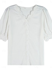 preiswerte Spitzenoberteile-Damen Bluse Einfarbig Stilvoll Basic Lässig Kurzarm Hemdkragen Normale Oberteile Täglich Patchwork Knöpfe Spitzenbesatz Weiß Sommer