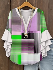 tanie Damskie topy w paski i geometryczne-Damskie Bluzka Graficzny Geometryczny Kratka Zabytkowe Codzienny Elegancki Rękaw 3/4 W serek Zwykłe topy Codzienny Święto Ubrania wakacyjne Falbana Nadruk Żółty Czerwony Niebieski Fioletowy Zielony