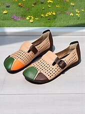 levne Dámské boty s plochou podrážkou-Dámské volnočasové boty širokého střihu z umělé kůže – pohodlné barefoot boty v barevných blokech, prodyšné výřezy, nastavitelný pásek s přezkou, ideální na procházky po zahradě, víkendové výlety i každodenní nošení