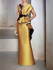 abordables JAUNE-Robe de soirée fourreau élégante robe formelle invitée à un mariage longueur sol manches courtes décolleté en V en satin avec volants broderies et appliqués 2025
