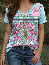 ieftine tricou boho-Pentru femei Tricou Floral Grafic Imprimeu Paisley Epocă Stilat Casual Manșon scurt În V Topuri obișnuite Zilnic Imprimeu Galben Roz Îmbujorat Albastru piscină Mov Vară