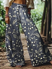 cheap Wide Leg &amp; High Waisted-Women&#039;s Wide Leg Chinos Baggy Pants Vacation Vintage Ethnic Style Full Length High Waist Floral Graphic Printing Thermal Warm Breathable Soft Micro-elastic Vacation Street Causal claret Deep Green