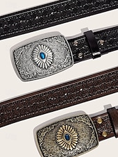 abordables Ceintures pour hommes-Ceinture western en similicuir pour homme avec boucle gravée vintage et pierre précieuse bleue, style cowboy pour rodéo, événements en plein air et tenue décontractée