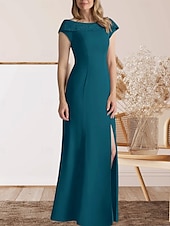 preiswerte Bodenlänge-Meerjungfrauenschnitt Brautmutterkleid Hochzeitsgast Elegant Süß Rundhalsausschnitt Bodenlang Spitze Stretchstoff Kappenärmel mit Spitze Geteilter Vorderteil 2025