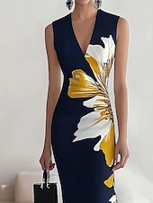 economico Abiti eleganti floreali-Per donna Abito Midi Abito Floreale Abito Stampato Elegante Moda All&#039;aperto Vacanza Ferie Vestibilità regolare Fiore Senza Maniche Scollo a V Blu marino Estate