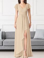 economico Abiti da damigella-Abito da damigella a trapezio, scollo a V, maniche lunghe, elegante, strascico a ruota in chiffon con pieghe e volant 2025
