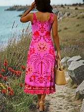olcso Boho ruhák-Női Maxiruha A vonalú ruha Vállon kívüli ruha Szabadság Alkalmi Boho Parti Normál Grafika Törzsi Ujjatlan Szögletes Világos piros Medence Nyár Tavasz