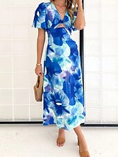 abordables Robes Floraux Imprimés-Femmes Robe Midi Robe Fleurie Robe bohème Robe Imprimée Mode Moderne Vacances Fête Sortir Coupe régulière Fleur Manche Courte Col en V Bleu Vert Été