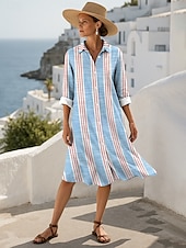 ieftine Rochie cu dungi și geometrică-Pentru femei Rochii Midi Rochii Tricou Casual Dată Potrivire Largă Floral Grafic Manșon Lung Guler Cămașă Galben Roz Îmbujorat Albastru piscină Trifoi Toamnă Iarnă