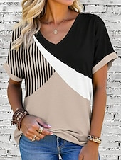 billige Stripe og geometrisk t-skjorte-Dame T skjorte Grafisk Geometrisk Årgang Stilfull Moderne Kortermet V-hals Vanlige topper Daglig Trykt mønster Rosa Blå Lilla Grønn Kakifarget Sommer