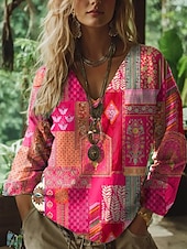 abordables Tops Boho pour Femmes-Femmes Chemisier Fleuri Graphique Paisley Bohème ancien Tropical Manche 3/4 Col en V Hauts Réguliers Froncé Broderie Imprimé Rose Claire Bleu Violet Vert Été Printemps
