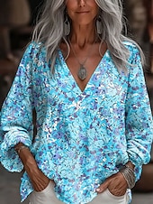 billige Blomstrete topper-Dame Bluse Blomstret Grafisk Stilfull Fritid 3/4 ermer V-hals Vanlige topper Daglig Rød Blå Lilla Sommer