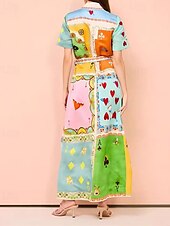 abordables concevoir des robes en coton et lin-Femmes Robe Longue Maxi Robe Robes en coton et lin Robe Décontractée Mode Extérieur Soirée Fête Coupe régulière Bloc de Couleur Manche Courte Col de chemise Orange Été