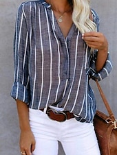 voordelige Dames Strepen &amp; Geometrische Tops-Dames Overhemd Gestreept Stijlvol Casual Lange mouw V-hals Normale tops Dagelijks Afdrukken Wit blauw Grijs Licht Blauw Zomer Lente
