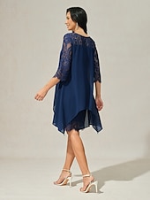 abordables Robe Simple-robe d&#039;invitée de mariage pour femme robe unie robe midi dentelle mousseline patchwork décontracté col rond manches 3/4 robes de cocktail robes formelles couleur bleue