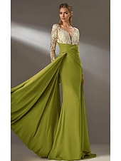 preiswerte GELB-gelbes Kleid Meerjungfrau / Trompete Abendkleid elegantes Kleid formelle Hochzeit Sweep / Pinsel Schleppe lange Ärmel V-Ausschnitt Chiffon gerüschte Details mit Perlen Stickerei Applikation 2025