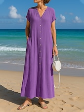 tanie Białe Sukienki Codzienne-Damskie Sukienka maxi Sukienka letnia Sukienka A line Codzienny Boho Styl plażowy Codzienny Regularny Czyste kolory Krótki rękaw W serek Biały Niebieski Żółtobrązowy Fioletowy Lato