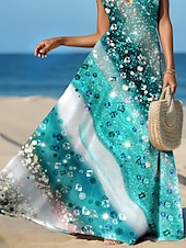 preiswerte Boho Kleider-Damen Maxikleid Sommerkleid A Linie Kleid Unterkleid Urlaub Lässig Fließend Strand Normale Passform Ombre Grafik Gestreift Ärmellos V Ausschnitt Smaragdgrün Sommer Frühling