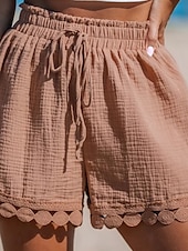 baratos Shorts jeans-Mulheres chinês Calção Roupa de rua Estilo Étnico Básico Curto Cintura Alta Tecido Bolsos Cintura elástica Confortável Macio Micro-Elástica Ao ar livre Férias Rua Preto Branco Rosa Azul Verão Normal
