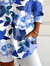 preiswerte Damen Urlaub Oberteile-Damen Hemd Langarm Button-Down Bluse Blumen Grafik Blatt Vintage Tropisch Alltag Hemdkragen Reguläre Tops Arbeit Alltag Urlaub Knöpfe Druck Blau Sommer Frühling