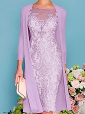 preiswerte Mit Jacke-zweiteiliges Etuikleid in Champagner für die Strandhochzeit, Mutter der Braut, elegantes Hochzeitsgastkleid mit Rundhalsausschnitt, knielang, Chiffonspitze, 3/4-Ärmel, Wickelkleid inklusive Jacke,