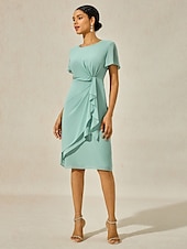 abordables Robes moulantes de soirée-Femmes Robe Midi Robe à Plusieurs Couches Élégant Formel Papillon robe demoiselle d honneur Cocktail Coupe régulière Uni Manche Courte Col ras du cou Vert cendré Été