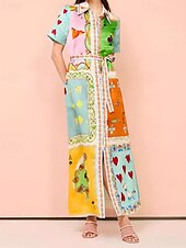 abordables concevoir des robes en coton et lin-Femmes Robe Longue Maxi Robe Robes en coton et lin Robe Décontractée Mode Extérieur Soirée Fête Coupe régulière Bloc de Couleur Manche Courte Col de chemise Orange Été