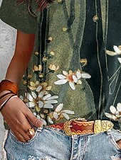 billige Blomster t-skjorte-Dame T skjorte Blomstret Grafisk Planter Årgang Stilfull Klassisk Kortermet Crew-hals Rund hals Vanlige topper Daglig Helg Trykt mønster Mørkegrønn Sommer Vår