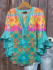 preiswerte Damen Kunst- und Design-Oberteile-Damenbluse V-Ausschnitt Schicht Rüschennähe Tops Floral Grafik Bohemia Vintage Alltag 3/4 Arm Reguläre Tops Alltag Urlaub Ferienmode Print Gelb Grün Hellblau Sommer Frühling Herbst
