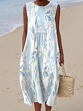 abordables Robes Rayés et Géométriques-Femmes Robe Midi Robe d&#039;Été Robe trapèze Vacances Occasionnel Boho Sortir Fleuri Graphique Sans manches Col Rond Blanche Bleu Vert Kaki Été Printemps