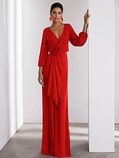 economico VERDE-Linea ad A Abito da Sera Elegante Vestito Formale Matrimonio Lunghezza al pavimento Manica Lunga Scollo a V Crepe Elasticizzato con Volant 2025