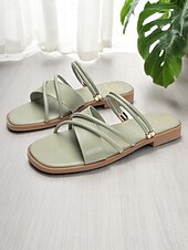 cheap Dress Sandals-Women&#039;s White Strappy Flat Sandals with Crisscross Design - Minimalist Slip-On Summer Shoes for Casual Dates and Everyday Outfits