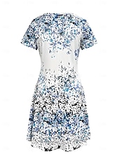 preiswerte Blumenkleider-Damen Minikleid T-Shirt-Kleid Sommerkleid A Linie Kleid Urlaub Lässig Boho Ausgehen Strand Normale Passform Blumen Grafik Kurzarm V Ausschnitt Blau Sommer Frühling