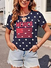 voordelige Onafhankelijkheidsdag Top-Vrouwen Blouse Vlag Stijlvol Casual Korte Mouw Crewneck Regelmatige Tops Dagelijks Print Zwart Rood Marineblauw Zomer