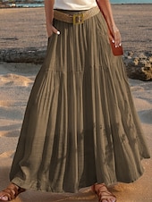 abordables concevoir des robes en coton et lin-Femmes Taille Asiatique Évasé Jupes en lin Occasionnel Été Midi Taille haute Jupes Couleur Unie Froncé Plissé Avec Poches Élastique Vacances Quotidien Vin Rouge pastèque Moutarde verte couleur orange