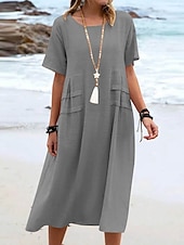 preiswerte Kleider aus Baumwolle und Leinen entwerfen-Damen Midikleid Baumwoll-Leinen-Kleider Freizeitkleid Sommerkleid Klassisch Modern Täglich Wochenende Normale Passform Einfach Kurzarm Rundhalsausschnitt Schwarz Gelb Rosa Königsblau Sommer
