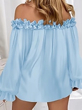 billiga Viktiga Falska Skjortor-Dam Skjorta Blus Konstbomullslinne Volang Öppen rygg Slät Modern Ledigt Långärmad Över axeln Vanliga toppar Dagligen Helgdag Utekväll Blå Svart Vit Rodnande Rosa Sommar