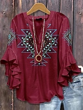 voordelige Vrouwen vakantie tops-Dames Blouse V-Hals Bloemen Grafisch Geometrisch Bohemia Vintage Dagelijks 3/4 Mouw Flatter Sleeve Reguliere Tops Dagelijks Vakantie Kleding Ruffle Print Wijnrood Blauw Groen Zomer Lente Herfst