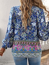 cheap Boho Tops-Women&#039;s Boho Shirt Blouse Flower Modern Boho Long Sleeve V Neck Regular Tops Daily Going out Print Yellow Pink Navy Blue Blue Orange Summer