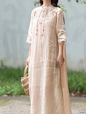 ieftine Rochii-Pentru femei Rochii Midi Rochie din in bumbac Rochie florala Modă Modern Vacanță Zilnic Concediu Fit regulat Floare Manșon Jumate Guler de stand Roz Îmbujorat Albastru piscină Trifoi Caisă Vară