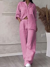 abordables Ensembles-Femmes Mode Streetwear Ensembles en coton et lin Ensembles deux pièces Ensembles de Pantalons manche longue Col montant Uni Tenue quotidienne Date Blanche Jaune Rose Claire Été Coupe régulière