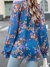 billige Boho topper-Dame Boho skjorte Bluse Blomsternål i krystall Moderne Bohem Langermet V-hals Vanlige topper Daglig Ut på byen Trykt mønster Svart Navyblå Blå Aprikos Sommer