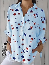 cheap Independence Day Top-Independence Day Women&#039;s Patriotic Fourth of July Shirt Graphic Flag Star Vintage Tropical Daily Long Sleeve Shirt Collar Regular Tops Work Daily Buttons Print White Pink Blue Summer Spring