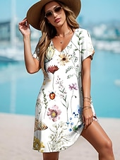 tanie Sukienki kwiatowe-Damskie Sukienka mini Codzienne sukienki Sukienka t-shirtowa Sukienka letnia Sukienka A line Urlop Codzienny Boho Regularny Kwiaty Graficzny Krótki rękaw W serek Czarny i biały Jasnozielony Lato