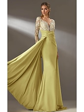 preiswerte GELB-gelbes Kleid Meerjungfrau / Trompete Abendkleid elegantes Kleid formelle Hochzeit Sweep / Pinsel Schleppe lange Ärmel V-Ausschnitt Chiffon gerüschte Details mit Perlen Stickerei Applikation 2025