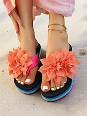voordelige Slide Sandalen-Regenboog platform slippers voor dames met grote roze bloem, kleurrijke strandsandalen voor vakantie, tieners en jongvolwassenen, zomerse casual stijl
