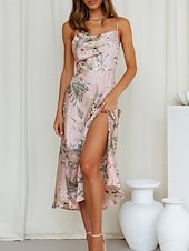 cheap Print Floral Dresses-Women&#039;s Midi Dress Floral Dress Boho Dress Print Dress Fashion Classic Outdoor Vacation Holiday Regular Fit Flower Sleeveless Spaghetti Strap Pink Navy Blue Orange Summer