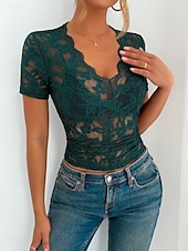 abordables Hauts en dentelle-Blouse en dentelle pour femmes tops à couleur unie élégant décontracté manches courtes col en V tops réguliers quotidiens patchwork en dentelle noir blanc vert été printemps
